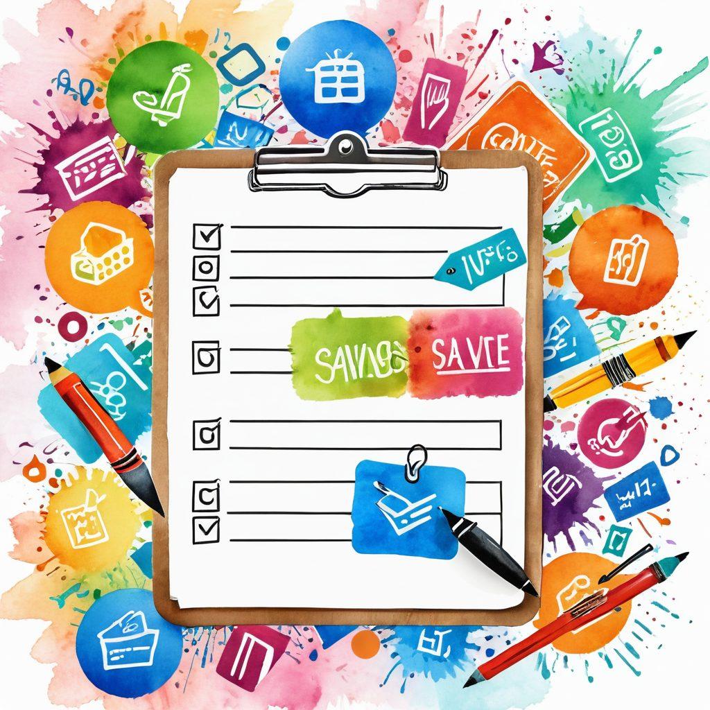 A vibrant checklist with colorful icons representing exclusive promotions, such as coupons, discount tags, and shopping carts. Include a playful hand checking off items with a stylized pen on a clipboard, surrounded by dynamic bursts of savings symbols. The background should be bright and inviting, symbolizing excitement and opportunities for savings. watercolor style. vibrant colors. white background.