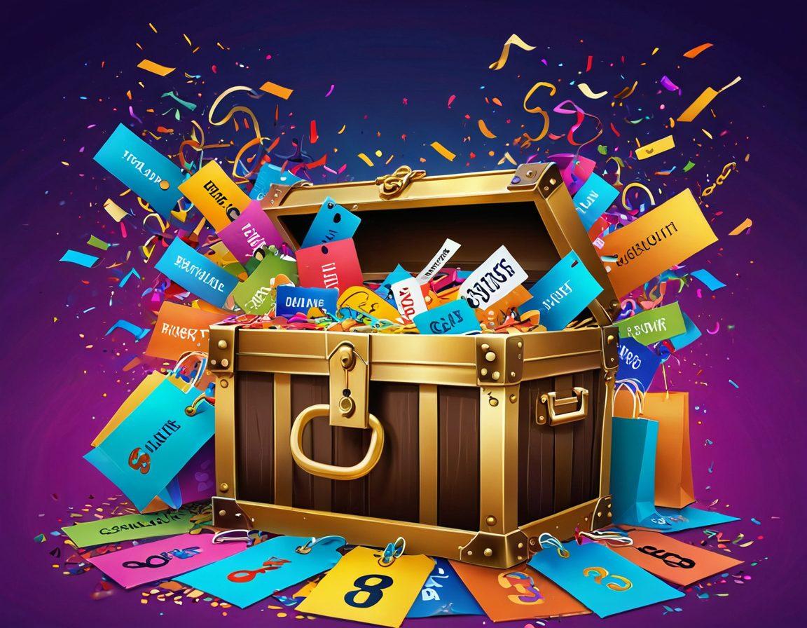 A treasure chest overflowing with colorful discount tags and shopping bags filled with various items, set against a backdrop of a bright, cheerful marketplace. In the foreground, a golden key represents unlocking secrets, while playful confetti falls from above. Illustrative, dynamic composition with vibrant colors to evoke excitement and curiosity. vector art. vibrant colors.