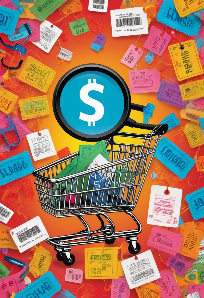 A dynamic collage showcasing a variety of shopping items, such as colorful coupons, clearance tags, and shopping carts filled with discounted products. The background features vibrant dollar signs floating around, symbolizing savings. Include a magnifying glass to represent the search for bargains, infused with a playful and engaging atmosphere. Illustrate a sense of excitement and discovery. vibrant colors. vector art.